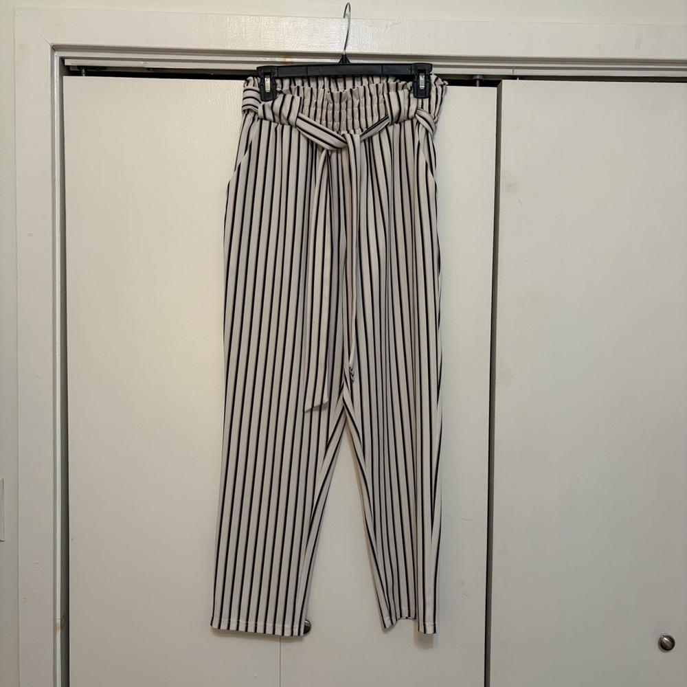 Grace Karin White Pants with Black Vertical Stripes